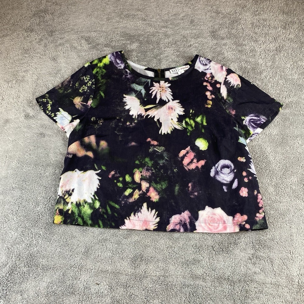 MADE FOR IMPULSE 1/4 Back‎ Zip Shirt Top Blouse Womens Medium Black Floral